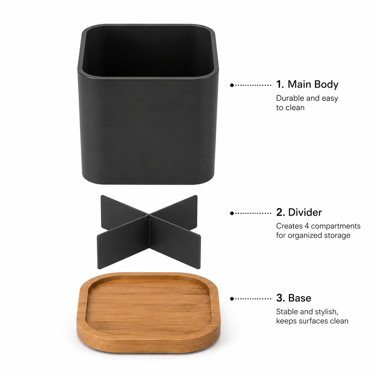 Black Coated Stainless Steel Kitchen Utensil Holder with Bamboo Base