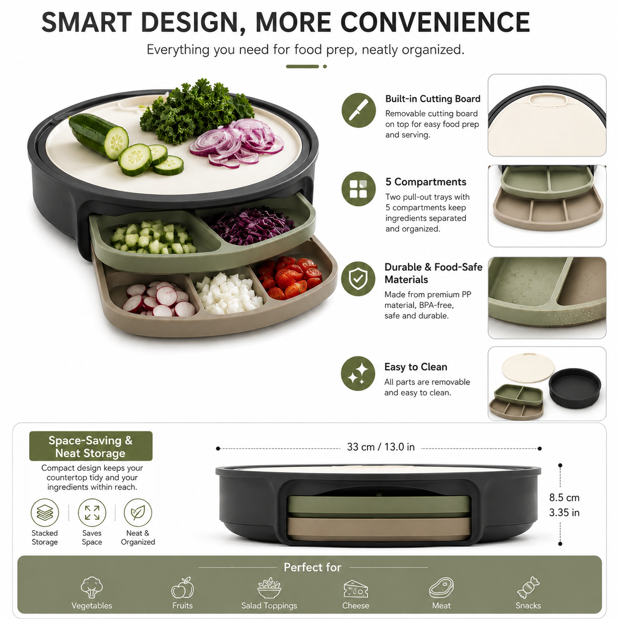 Round Kitchen Prep Organizer with Cutting Board