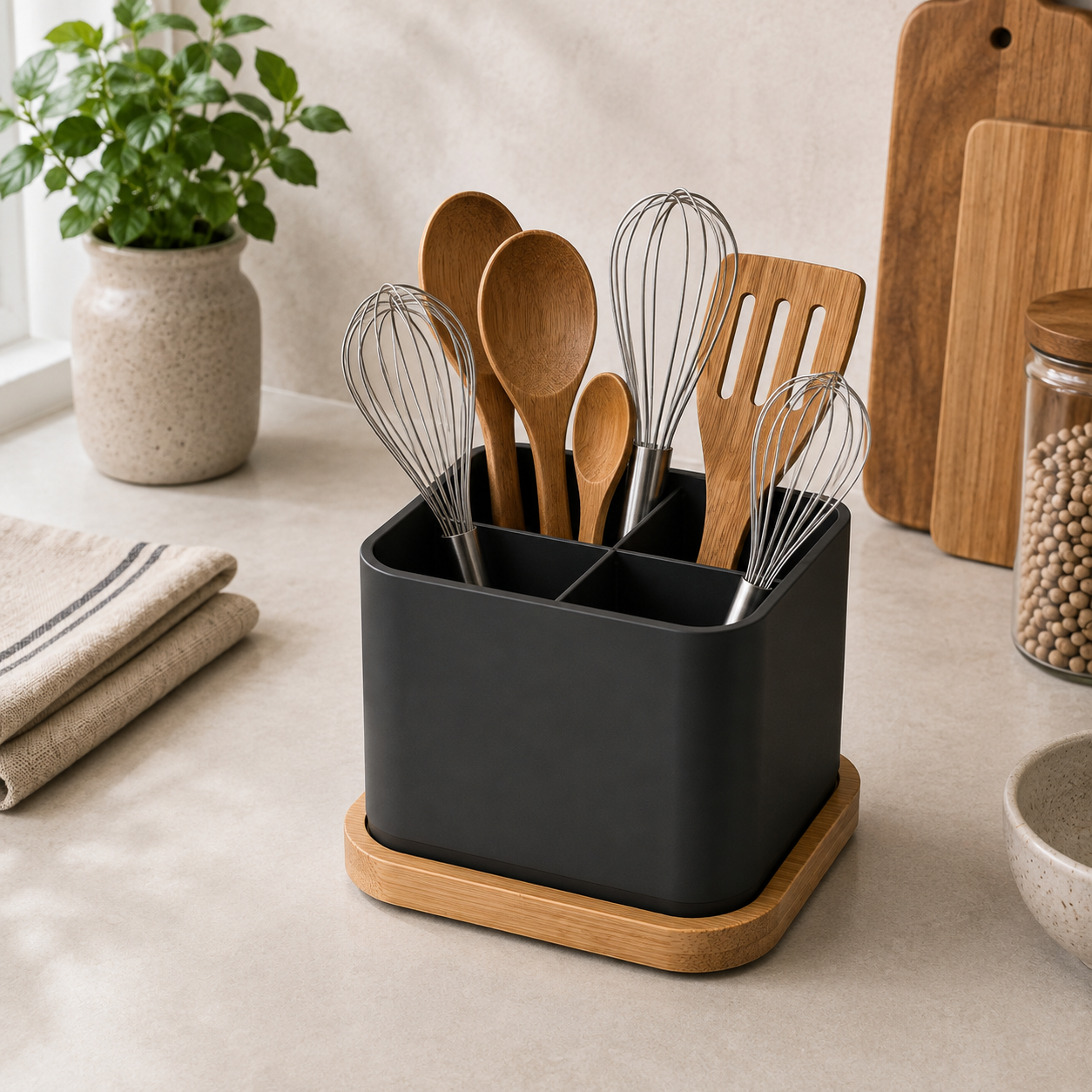 Black Coated Stainless Steel Kitchen Utensil Holder with Bamboo Base