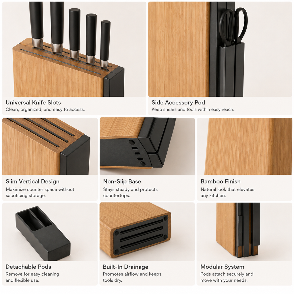 Bamboo Knife Block and Kitchen Utensil Organizer