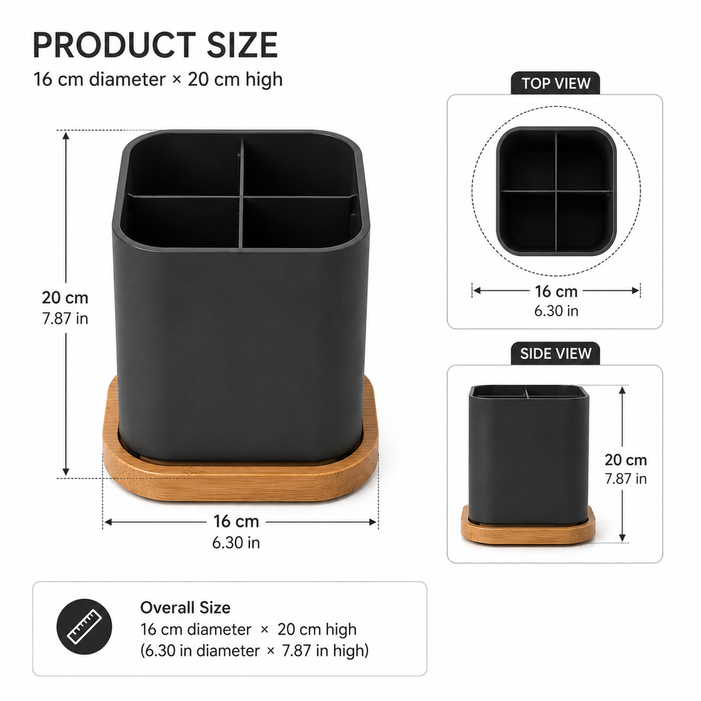 Black Coated Stainless Steel Kitchen Utensil Holder with Bamboo Base