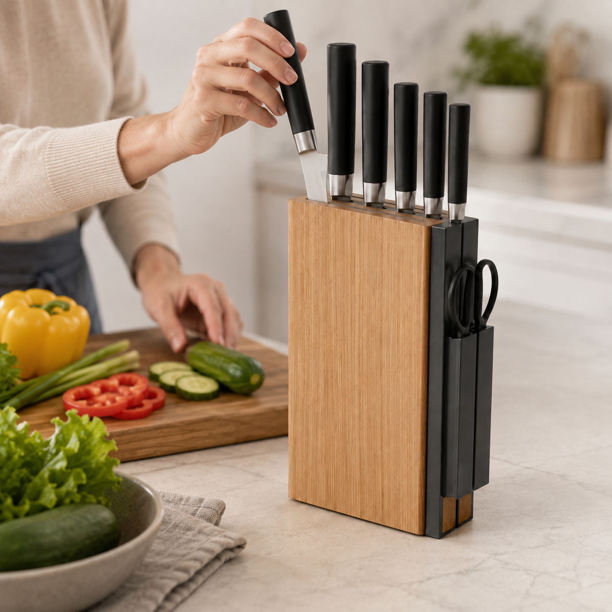 Bamboo Knife Block and Kitchen Utensil Organizer