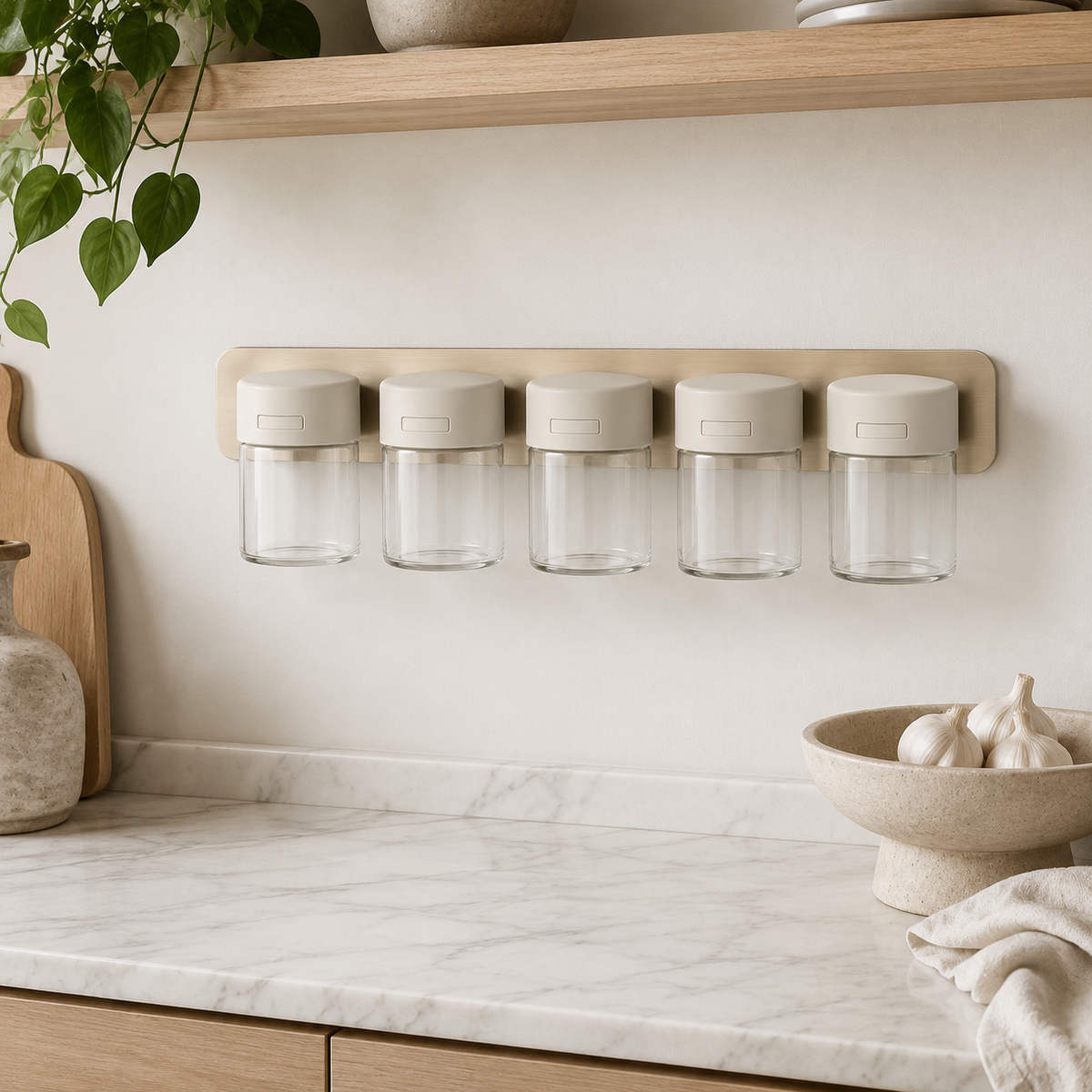 Wall-Mounted Spice Rack with 5 Glass Jars
