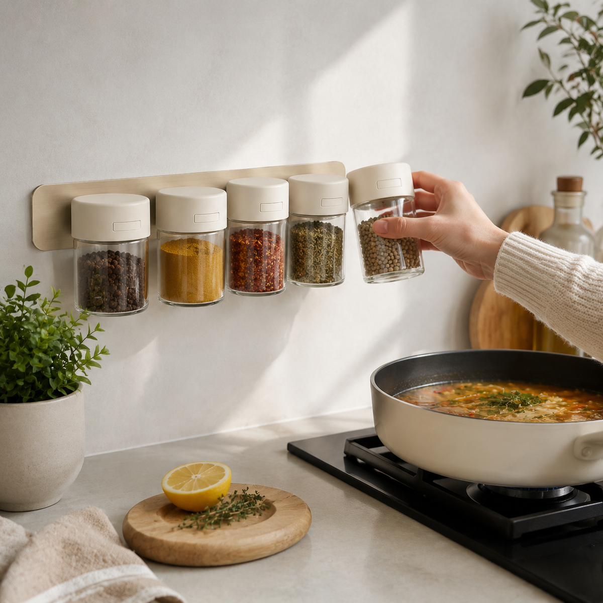 Wall-Mounted Spice Rack with 5 Glass Jars