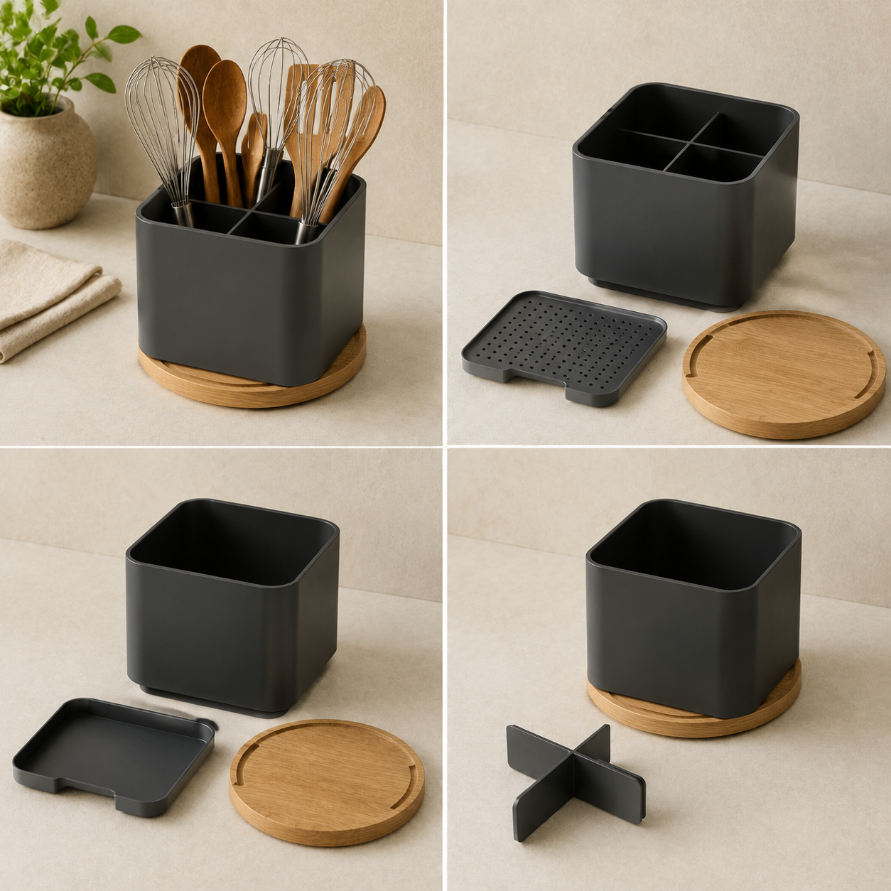 Black Coated Stainless Steel Kitchen Utensil Holder with Bamboo Base