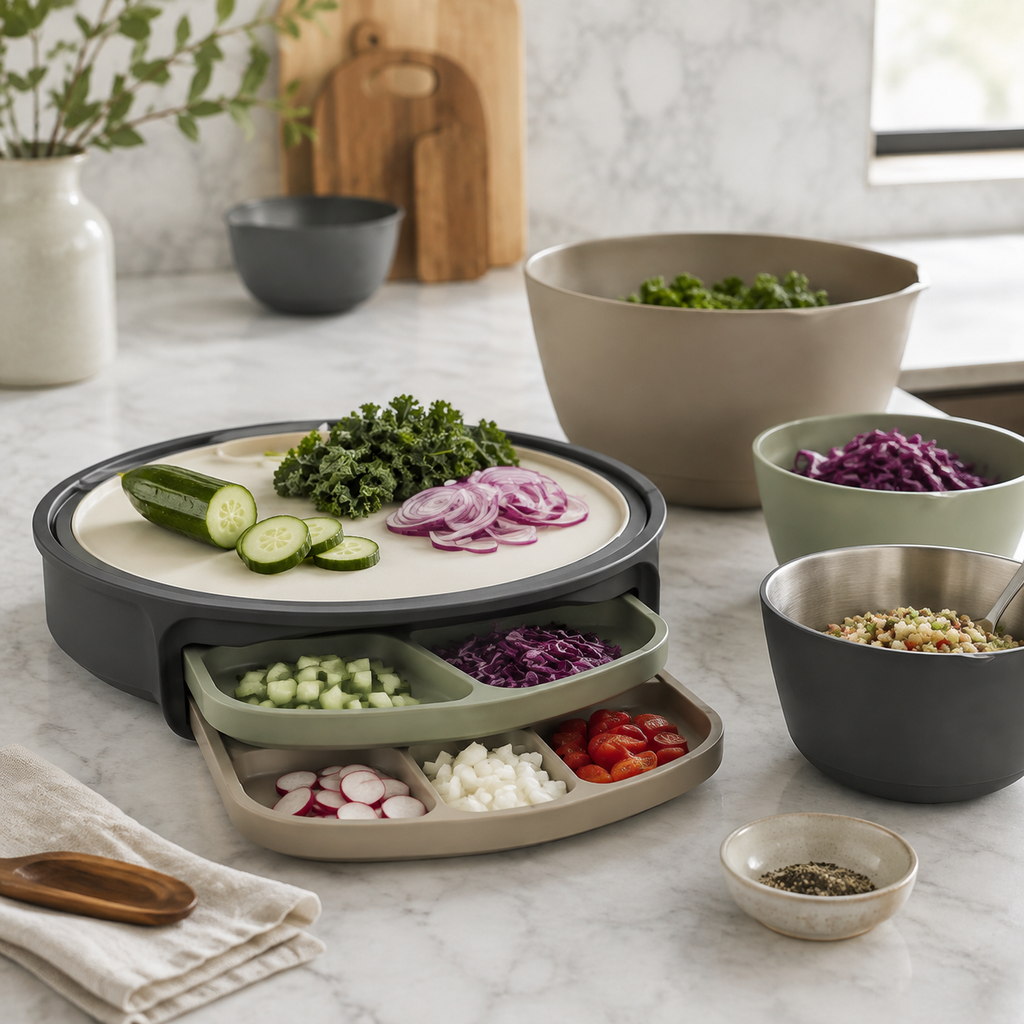 Round Kitchen Prep Organizer with Cutting Board