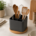 Black Coated Stainless Steel Kitchen Utensil Holder with Bamboo Base