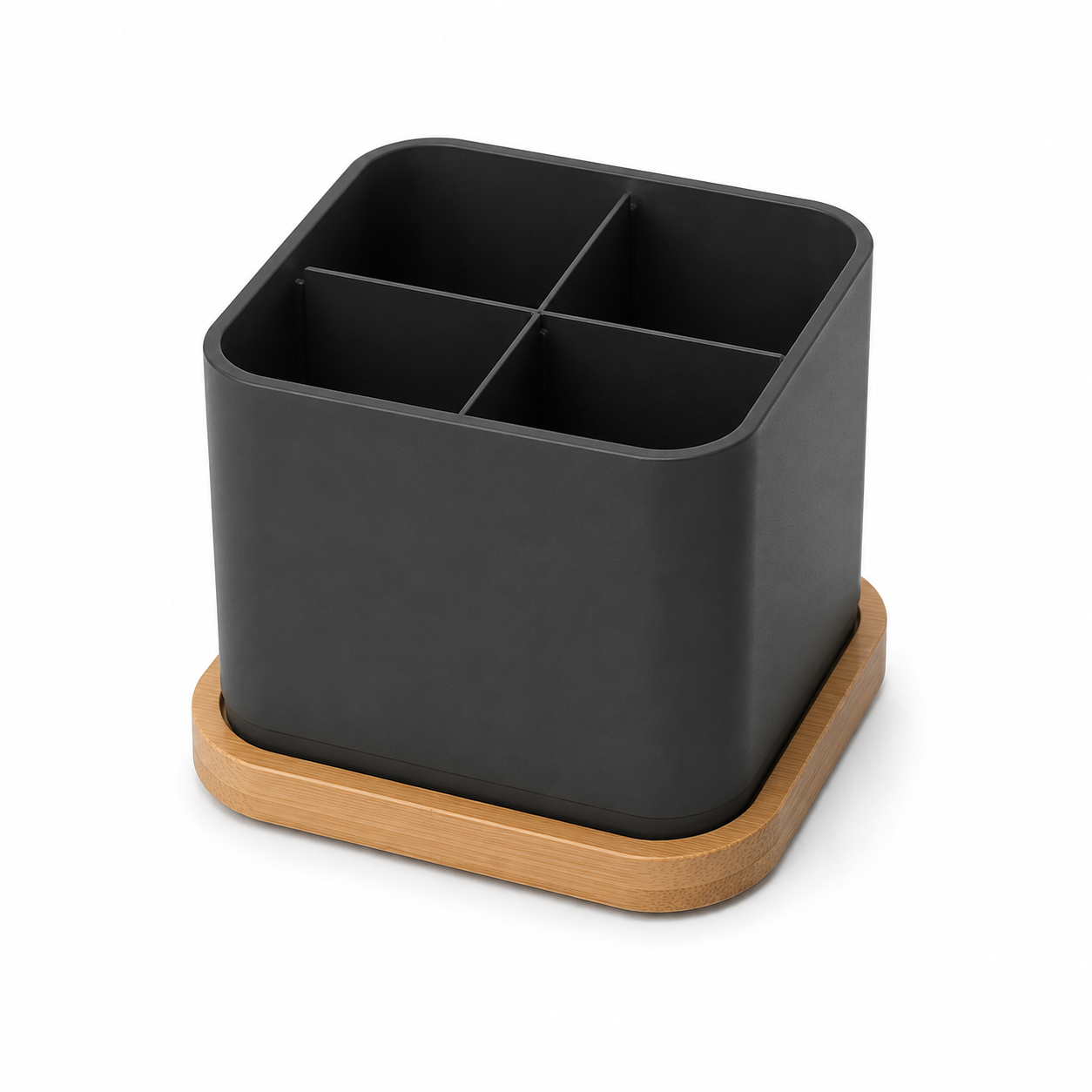 Black Coated Stainless Steel Kitchen Utensil Holder with Bamboo Base